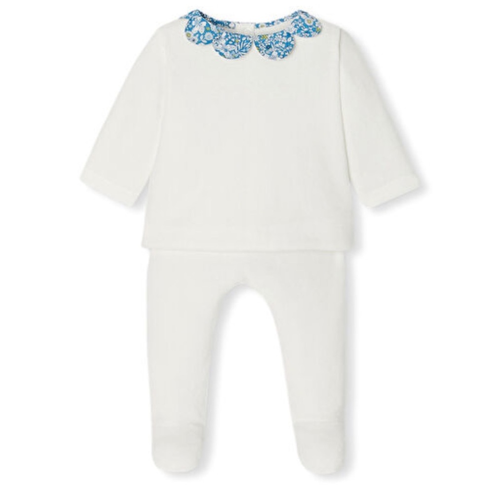 Jacadi Paris White blue flower collar and footie velvet Blouse and Pants set